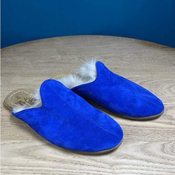 New! Sabah Electric Blue Suede Shearling Baba Mule Slipper Size 43 Men’s 10-10.5